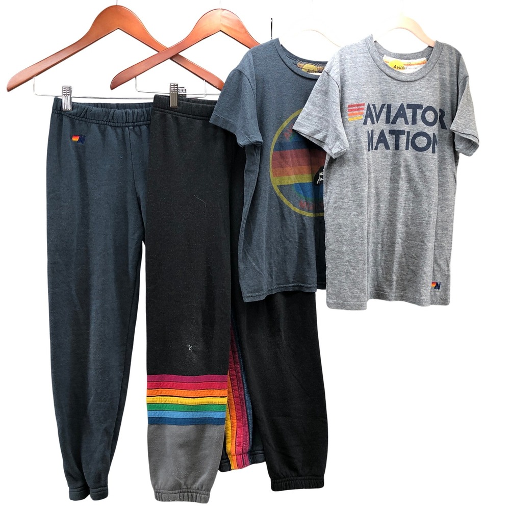 Aviator Nation 4pc Lounge Set Kids 12 Girls Black Grey Rainbow Stripe Retro‎